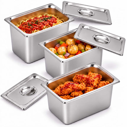 Set of 3 GN 1/4 Gastronorm Trays with Lids, 20 cm Deep, Stainless Steel