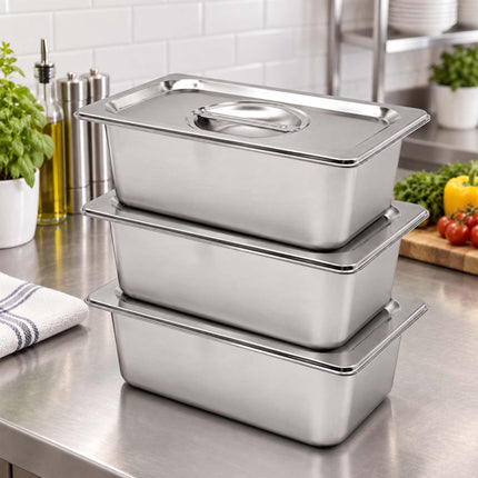 Set of 3 GN 1/4 Gastronorm Trays with Lids, 6.5 cm Deep, Stainless Steel