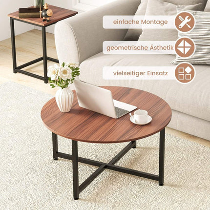 3er-Set Couchtische mit robustem Metallgestell, runder Couchtisch und 2 quadratische Beistelltische, braun