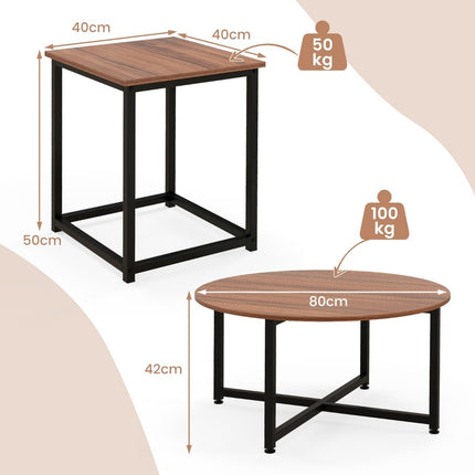 3er-Set Couchtische mit robustem Metallgestell, runder Couchtisch und 2 quadratische Beistelltische, braun