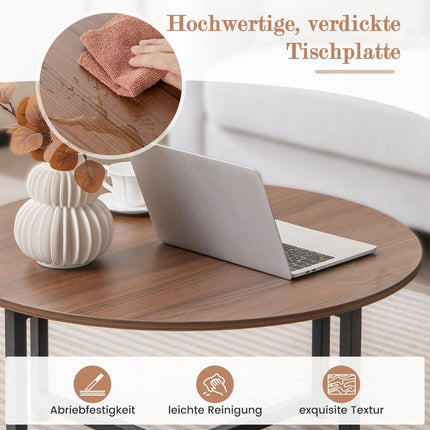 3er-Set Couchtische mit robustem Metallgestell, runder Couchtisch und 2 quadratische Beistelltische, braun
