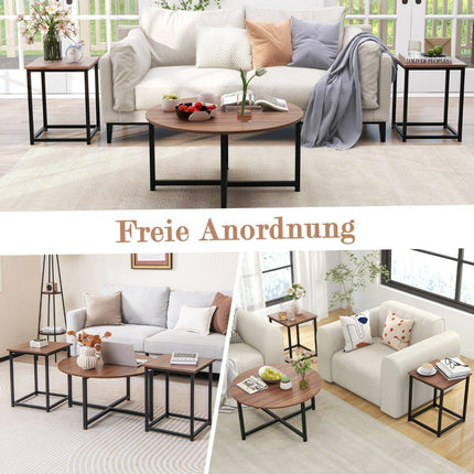 3er-Set Couchtische mit robustem Metallgestell, runder Couchtisch und 2 quadratische Beistelltische, braun