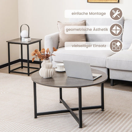 3er-Set Couchtische mit robustem Metallgestell, runder Couchtisch und 2 quadratische Beistelltische, grau