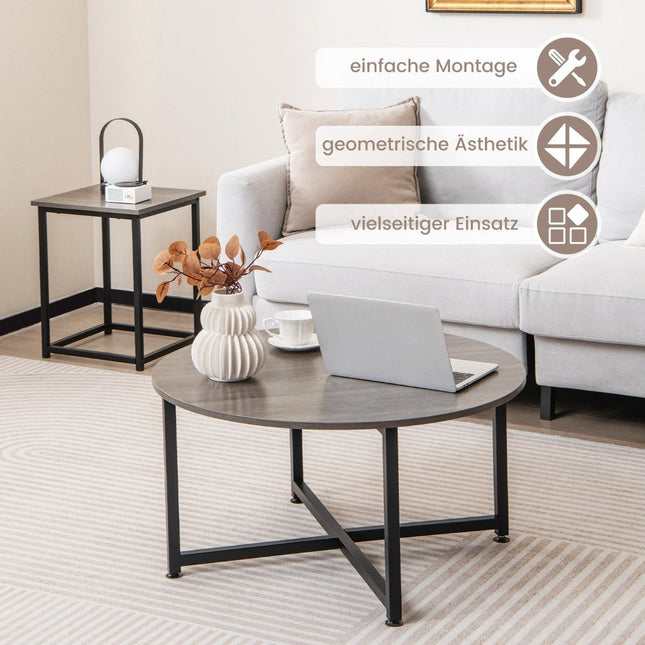 3er-Set Couchtische mit robustem Metallgestell, runder Couchtisch und 2 quadratische Beistelltische, grau