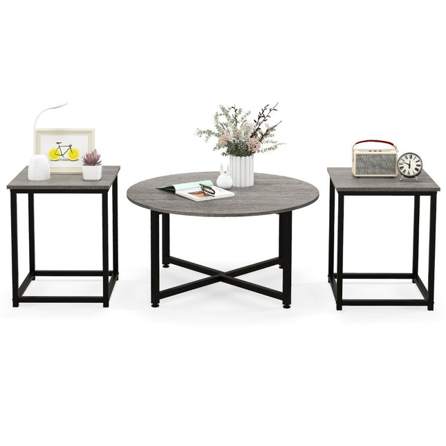 3er-Set Couchtische mit robustem Metallgestell, runder Couchtisch und 2 quadratische Beistelltische, grau