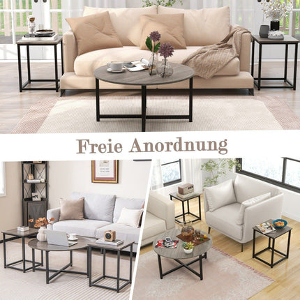 3er-Set Couchtische mit robustem Metallgestell, runder Couchtisch und 2 quadratische Beistelltische, grau