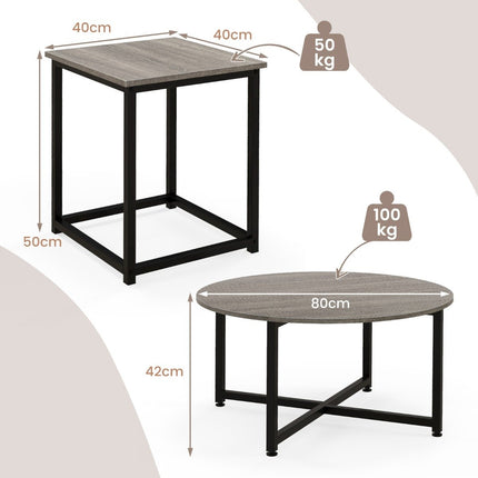 3er-Set Couchtische mit robustem Metallgestell, runder Couchtisch und 2 quadratische Beistelltische, grau