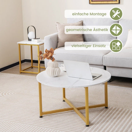 Ensemble de 3 tables basses avec structure en métal robuste, table basse ronde et 2 tables d'appoint carrées, blanc