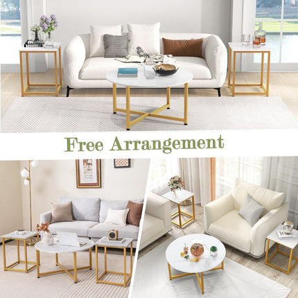 Ensemble de 3 tables basses avec structure en métal robuste, table basse ronde et 2 tables d'appoint carrées, blanc