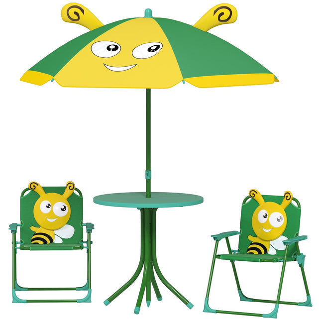 Ensemble de 4 salons de jardin pour enfants avec 2 chaises pliantes, parasol réglable en hauteur, table de jardin, motif abeille pour enfants de 2 à 5 ans, vert |