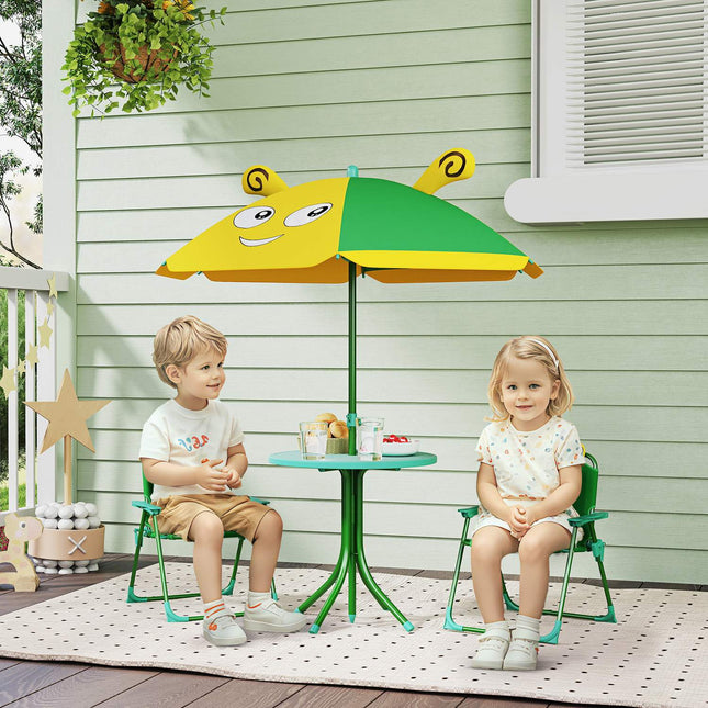 Ensemble de 4 salons de jardin pour enfants avec 2 chaises pliantes, parasol réglable en hauteur, table de jardin, motif abeille pour enfants de 2 à 5 ans, vert |