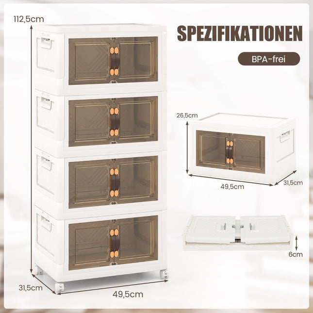 Lot de 4 boîtes de rangement empilables avec couvercles & roulettes & portes 49,5 x 31,5 x 112,5 cm