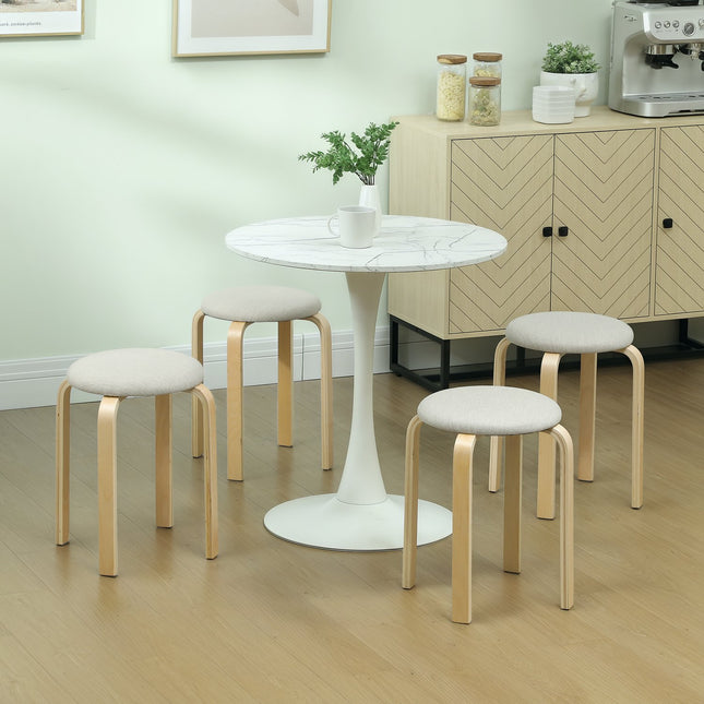 Lot de 4 tabourets empilables rembourrés, surface laquée, pieds en bois, blanc crème