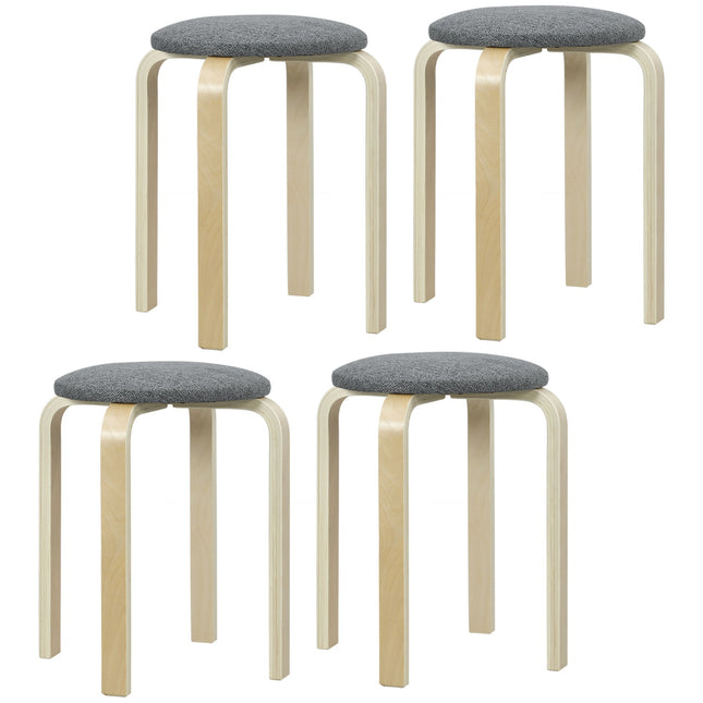 Lot de 4 tabourets empilables rembourrés, surface laquée, pieds en bois, gris