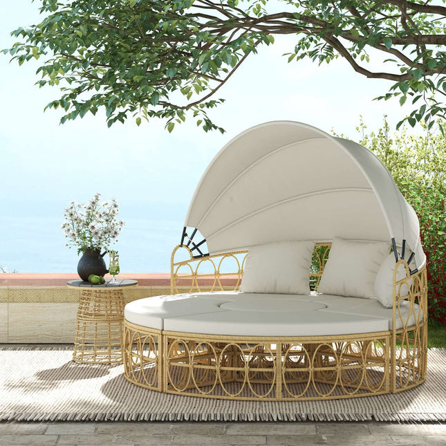 Ensemble De Meubles De Jardin Shell Avec Auvent Pliant Et Table Basse, Deux Places, Crème