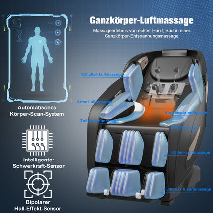 Shiatsu-Massagesessel, verstellbar, Bluetooth, Schwarz, 143x77x111 cm