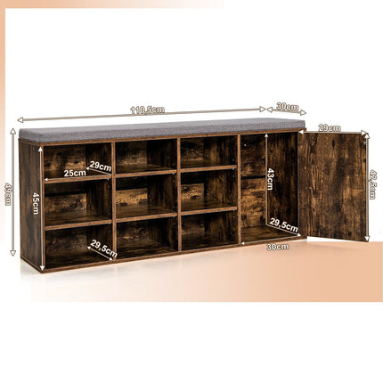 Banc à chaussures avec coussin et 9 étagères réglables, marron