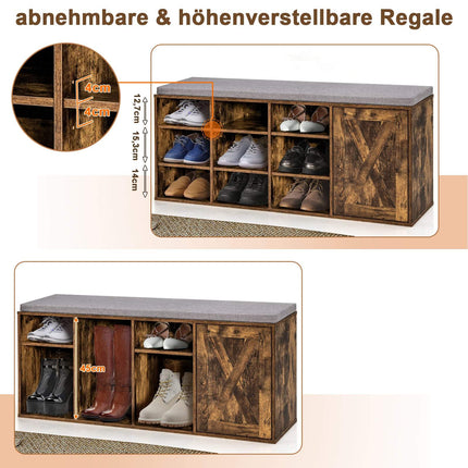 Banc à chaussures avec coussin et 9 étagères réglables, marron