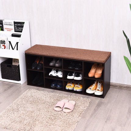 Banc à chaussures avec coussin, étagères réglables, bois brun