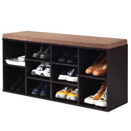 Banc à chaussures avec coussin, étagères réglables, bois brun