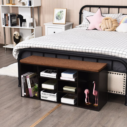 Banc à chaussures avec coussin, étagères réglables, bois brun