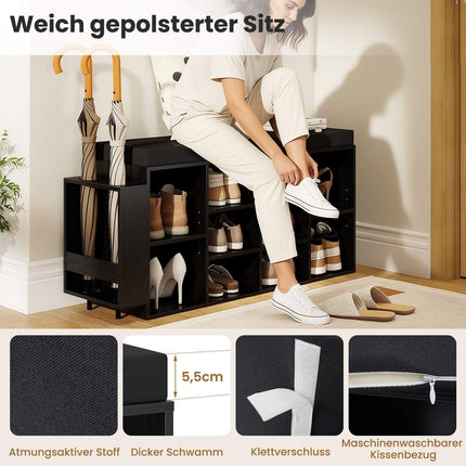 Banc à chaussures avec porte-parapluie, noir, étagères réglables