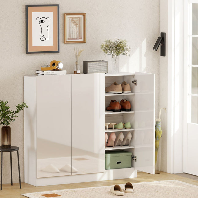 Meuble à chaussures, 10 étagères, ventilation, fermeture amortie, bois blanc