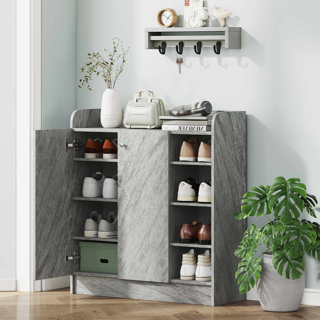 Meuble à chaussures, 12 paires, 2 portes, 4 étagères ouvertes, gris
