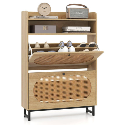 Schuhschrank mit 2 Klappfächern, Rattan-Türen, Metallbeine