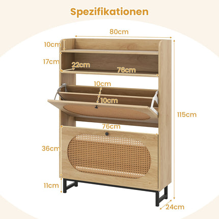 Schuhschrank mit 2 Klappfächern, Rattan-Türen, Metallbeine