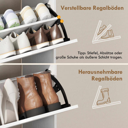 Meuble à chaussures avec séparateurs réglables, 2 portes abattantes, blanc