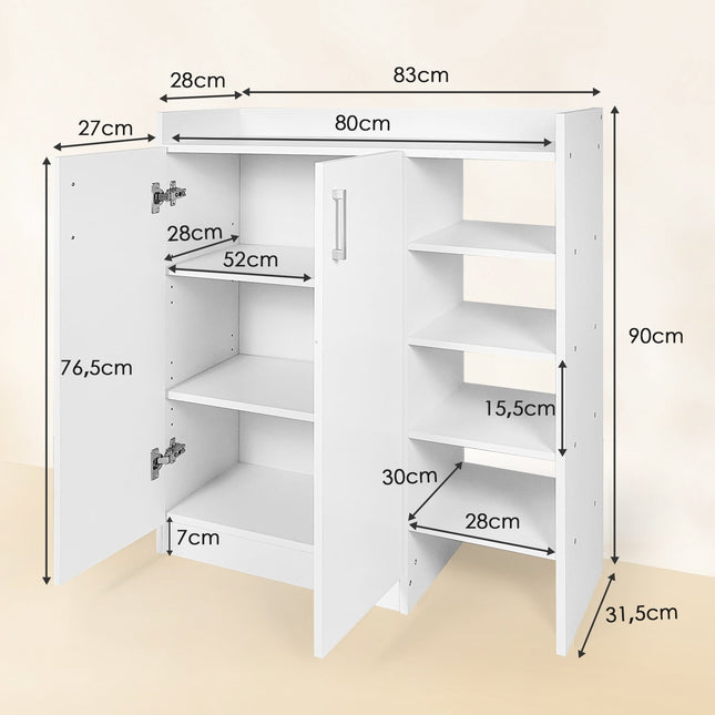 Meuble à chaussures avec étagères réglables et 2 portes, blanc