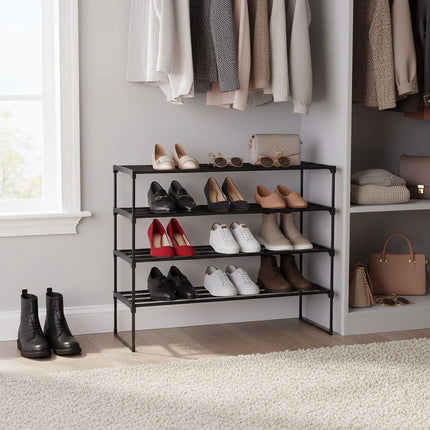 Étagère à chaussures, structure métallique empilable avec étagères en plastique