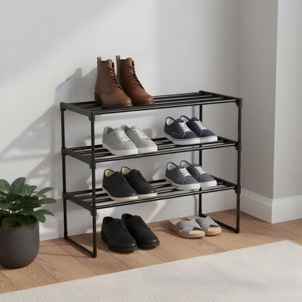 Étagère à chaussures, structure métallique empilable avec étagères en plastique
