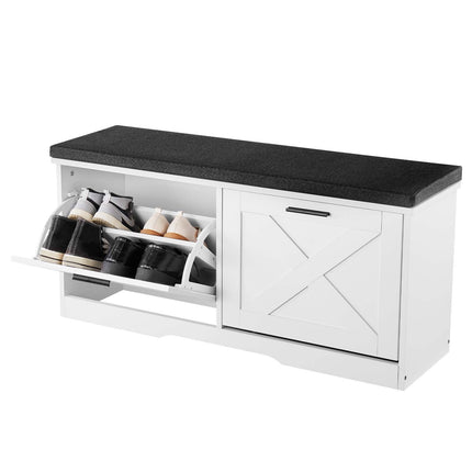 Shoe Storage Bench With Flip Drawers, Cushioned Seat