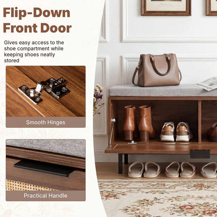 Shoe Storage Bench with Padded Cushion and Flip-Down Door, Brown, 100 cm