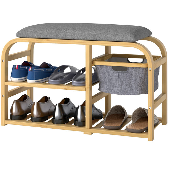 Banc à chaussures à 2 niveaux, banc avec panier coulissant, 2 étagères à chaussures, banc armoire aspect lin, pour 5 paires de chaussures, pour couloir, couloir, bambou, gris, 70 x 30 x 45 cm