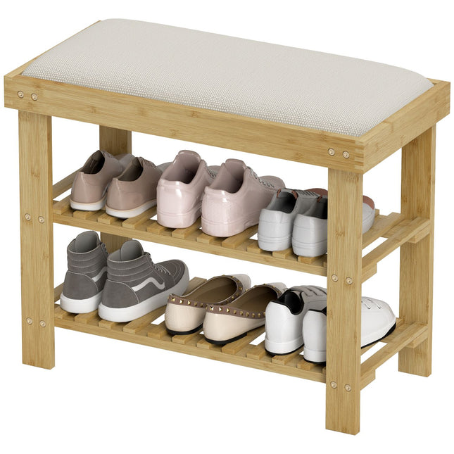 Banc à chaussures avec siège, banc en bambou avec espace de rangement, étagère à chaussures avec 2 compartiments ouverts, banc, armoire, banc pour salon, couloir, 60 x 29 x 49 cm blanc crème |