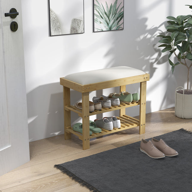 Banc à chaussures avec siège, banc en bambou avec espace de rangement, étagère à chaussures avec 2 compartiments ouverts, banc, armoire, banc pour salon, couloir, 60 x 29 x 49 cm blanc crème |