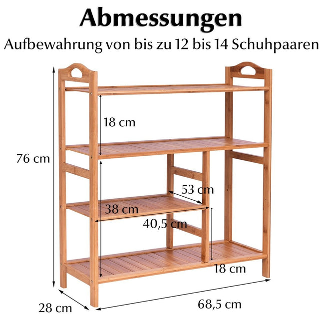 Schuhregal aus Bambus mit 4 Ebenen und Griff Schuhständer Schuhaufbewahrung Natur