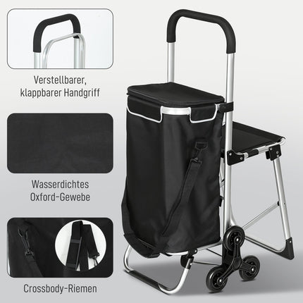 Chariot de courses, 40 L, 3 roues, cadre en aluminium, siège