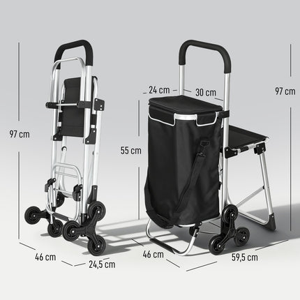 Chariot de courses, 40 L, 3 roues, cadre en aluminium, siège