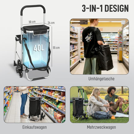 Chariot de courses, 40 L, 3 roues, cadre en aluminium, siège