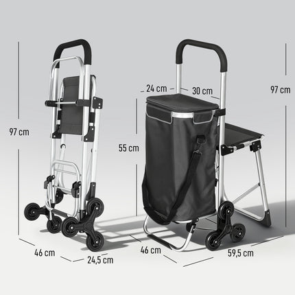 Chariot de courses, sac Oxford 40 L, modèle à 3 roues, gris foncé