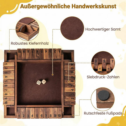 Shut The Box Spiel für 2-4 Spieler, Kiefernholz, Braun