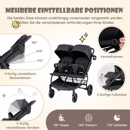 Poussette jumelle pliable avec dossier réglable, poussette jumelle portable gris foncé