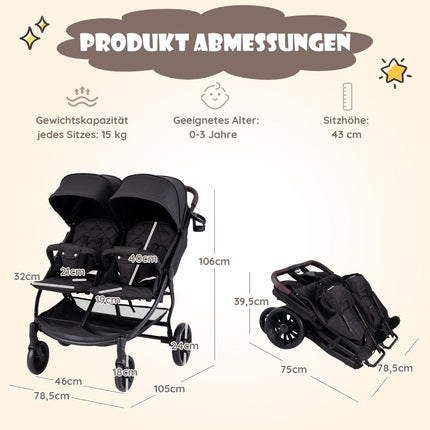 Poussette jumelle pliable avec dossier réglable, poussette jumelle portable gris foncé