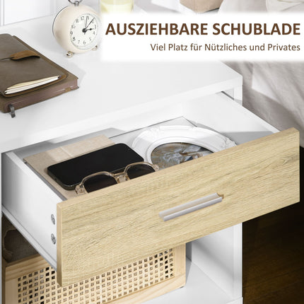 Weißer Nachttisch mit Schublade und offenem Fach