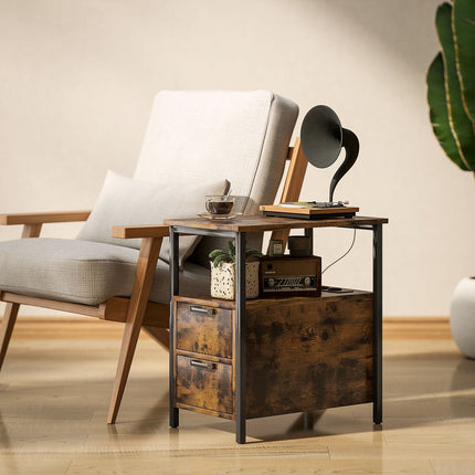 Rustic brown side table with charging station and storage