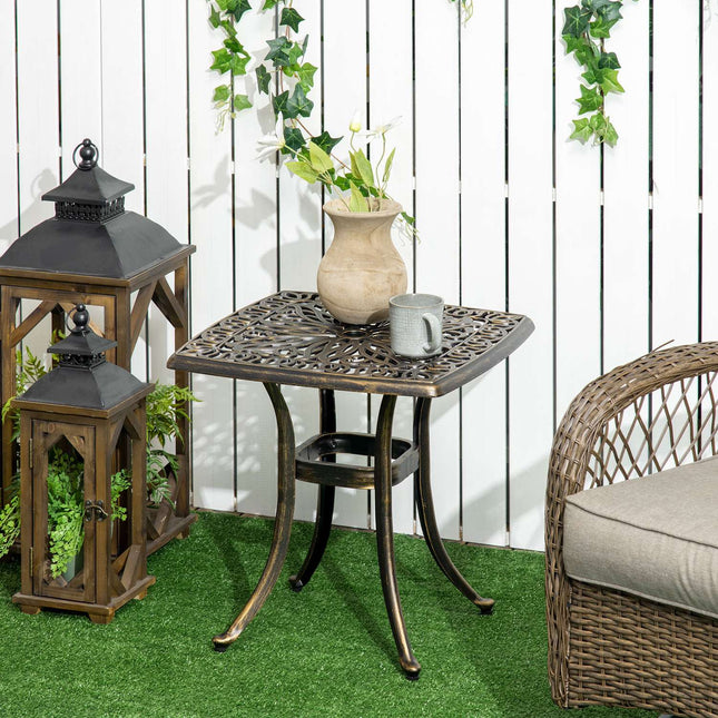 Patio side table with umbrella hole, aluminium, bronze